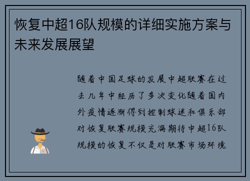 恢复中超16队规模的详细实施方案与未来发展展望