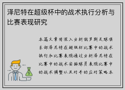 泽尼特在超级杯中的战术执行分析与比赛表现研究 泽尼特在超级杯中的战术执行分析与比赛表现研究