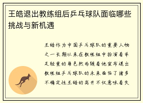 王皓退出教练组后乒乓球队面临哪些挑战与新机遇 王皓退出教练组后乒乓球队面临哪些挑战与新机遇