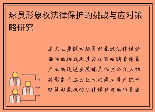 球员形象权法律保护的挑战与应对策略研究